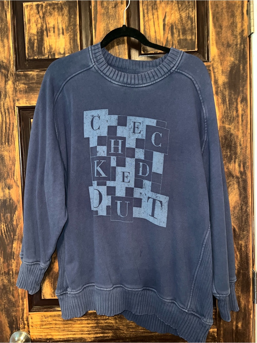 aerie Navy Blue Crewneck Sweater with Checker Graphic